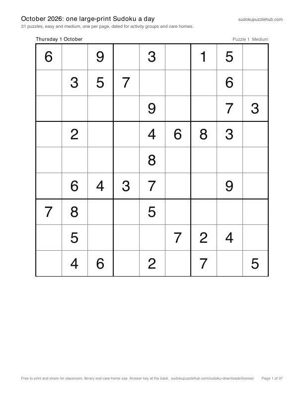 First page of October 2026: one large-print Sudoku a day