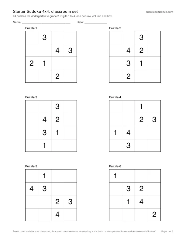 First page of Starter Sudoku 4x4: classroom set