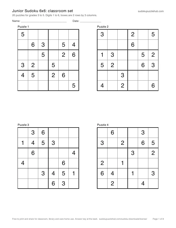 First page of Junior Sudoku 6x6: classroom set