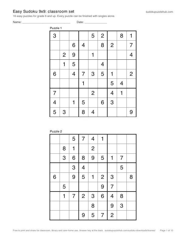 First page of Easy Sudoku 9x9: classroom set