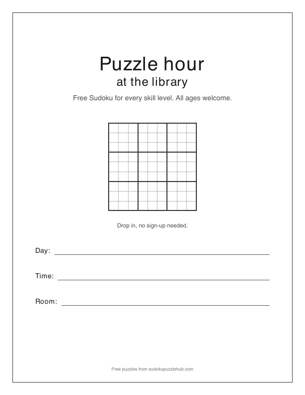 First page of the Puzzle hour at the library poster, showing the title, a plain grid decoration and blank lines for day, time and room