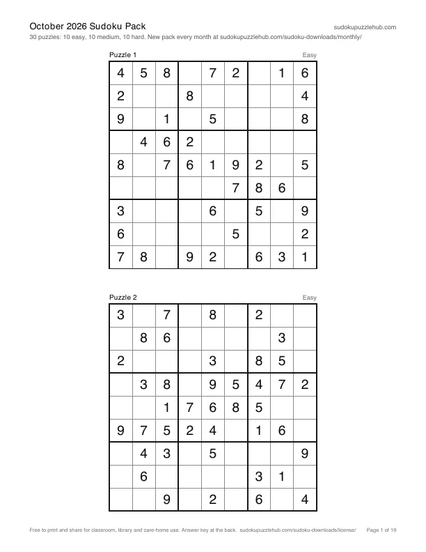First page of October 2026 Sudoku Pack